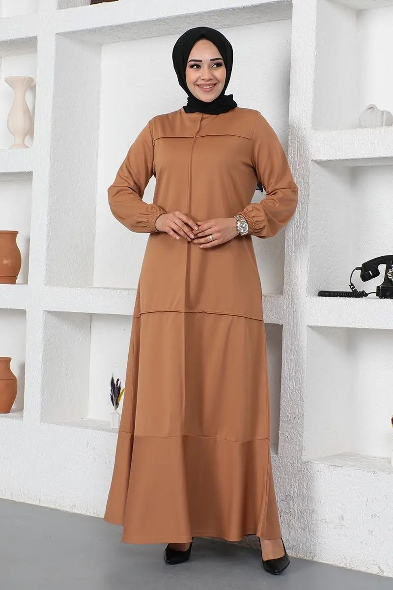 Dikiş Detaylı Elbise Taba-detail