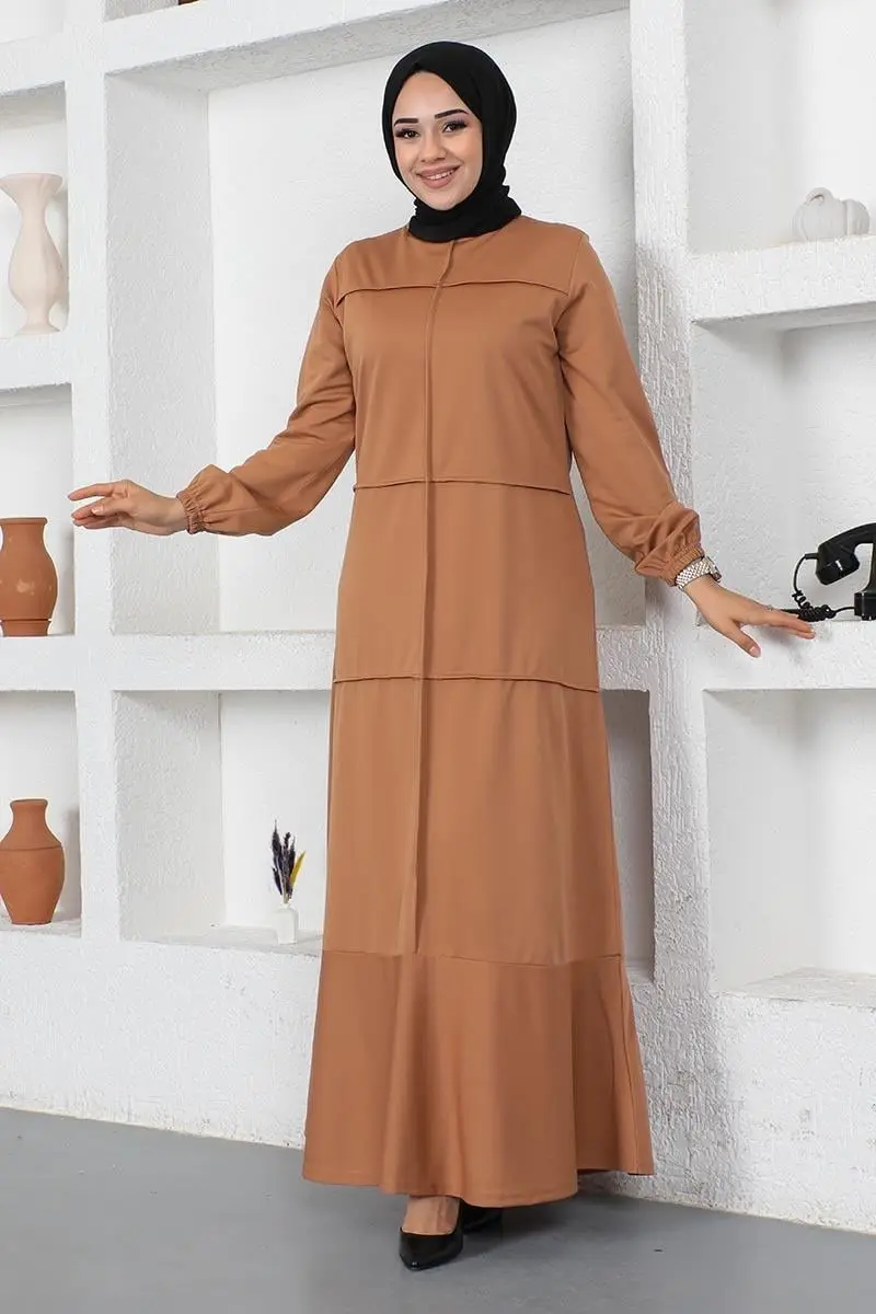 Dikiş Detaylı Elbise Taba-detail