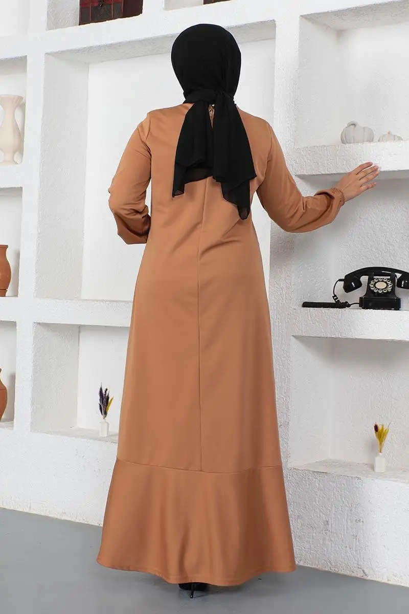 Dikiş Detaylı Elbise Taba-detail