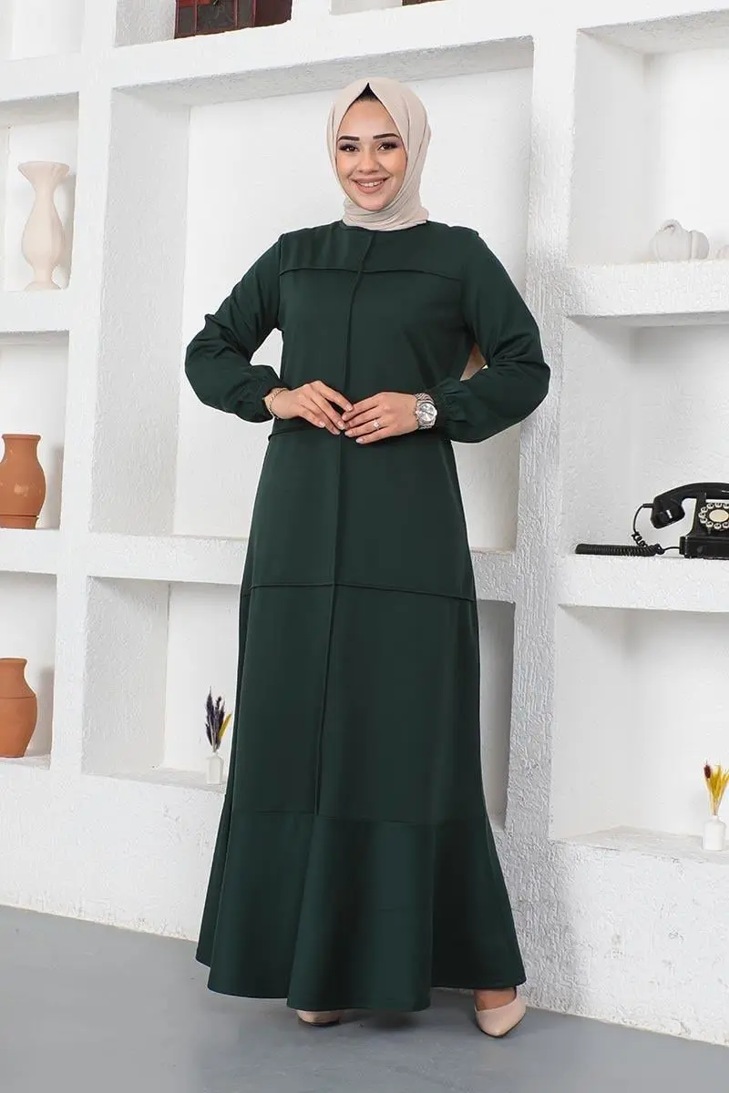 Dikiş Detaylı Elbise Zümrüt Yeşili-detail