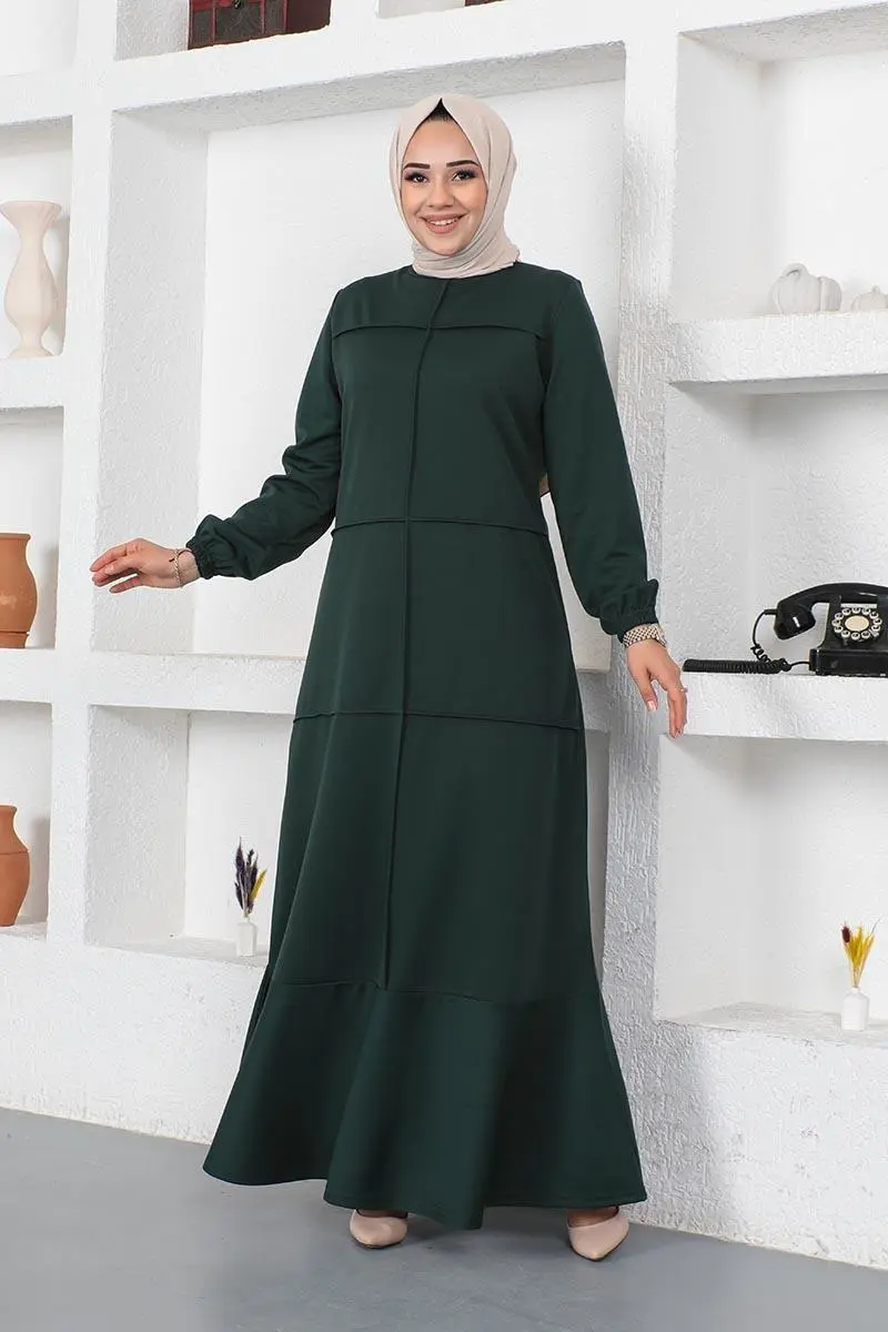 Dikiş Detaylı Elbise Zümrüt Yeşili-detail