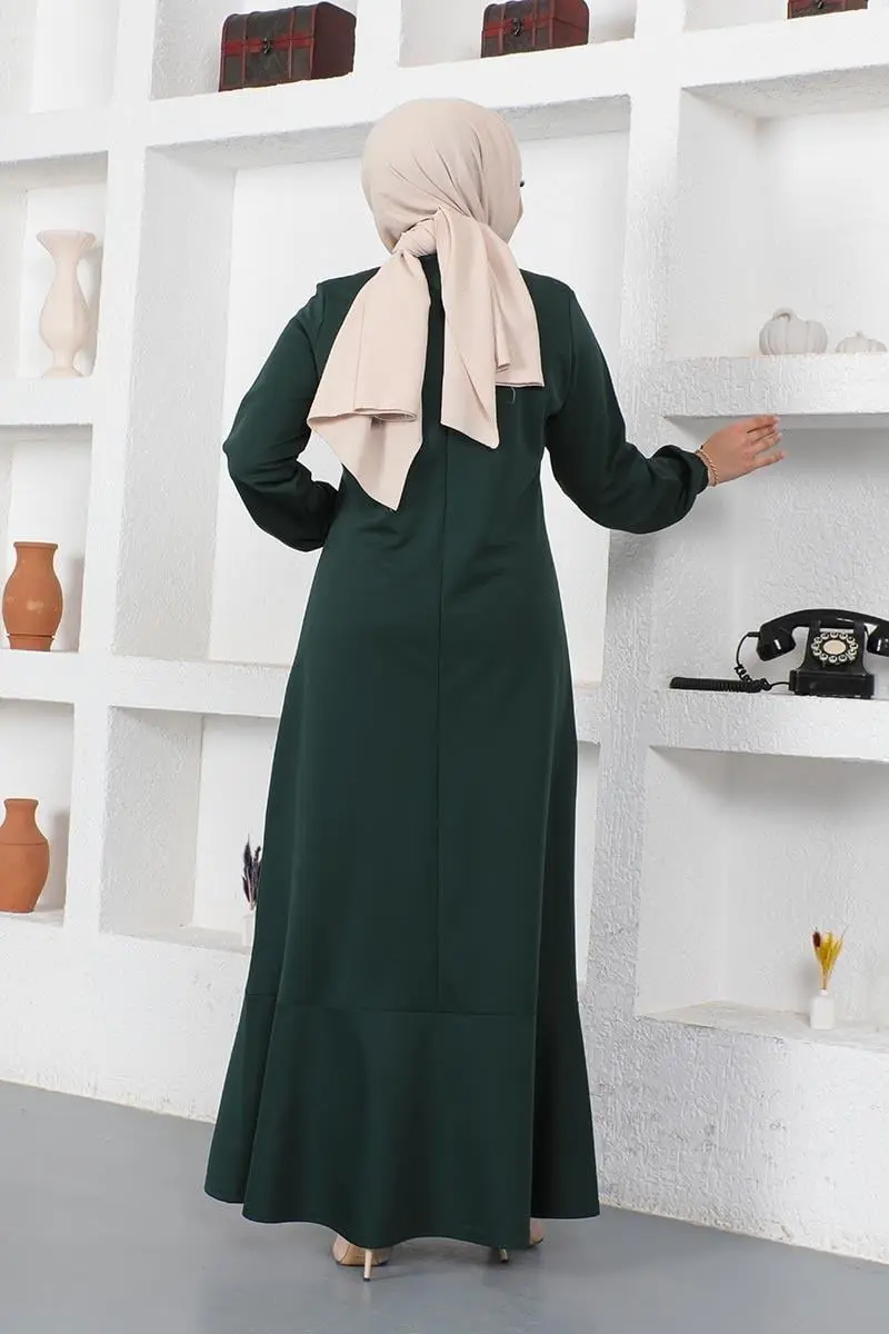 Dikiş Detaylı Elbise Zümrüt Yeşili-detail