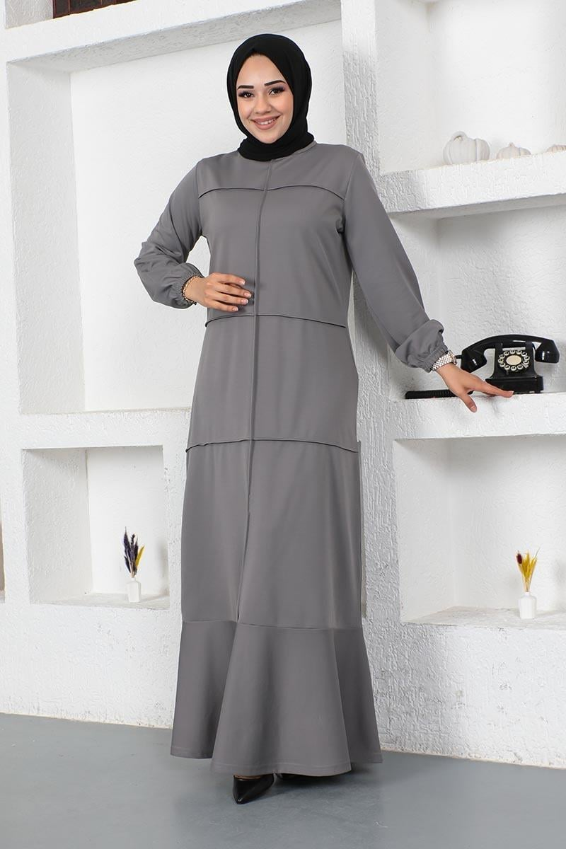 Dikiş Detaylı Elbise Gri