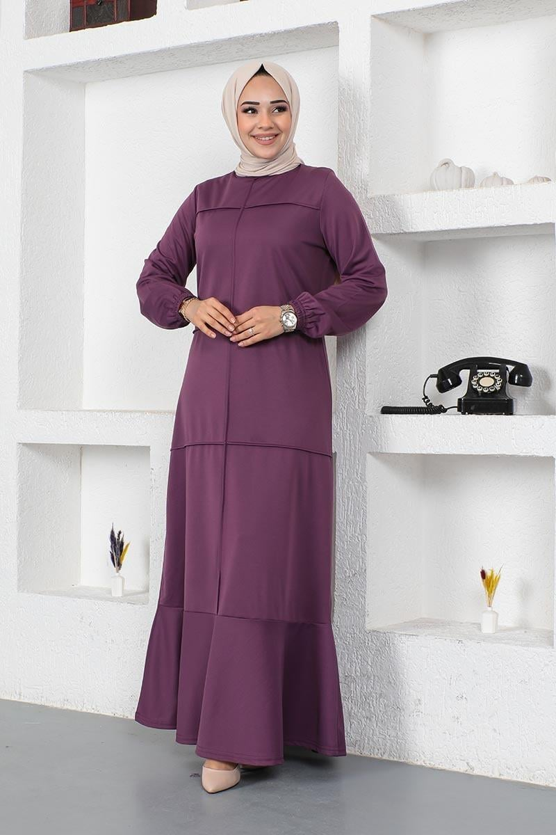 Dikiş Detaylı Elbise Mor