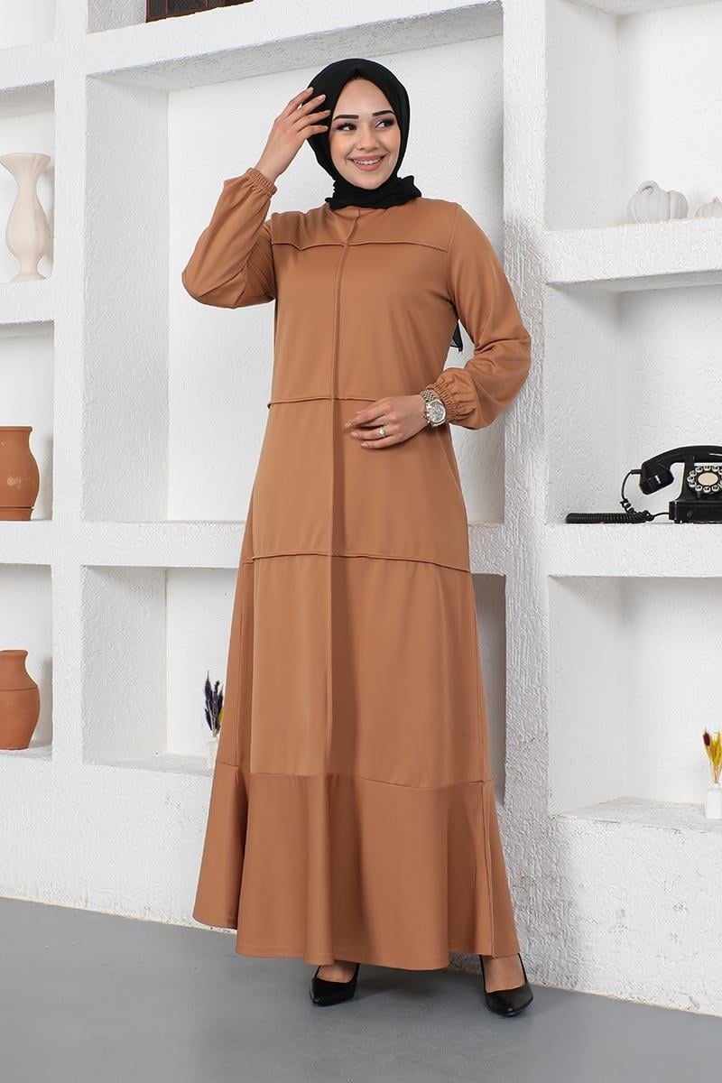 Dikiş Detaylı Elbise Taba