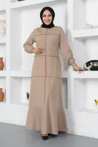 Dikiş Detaylı Elbise Vizon