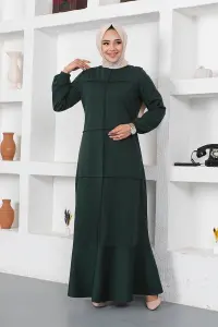 Dikiş Detaylı Elbise Zümrüt Yeşili