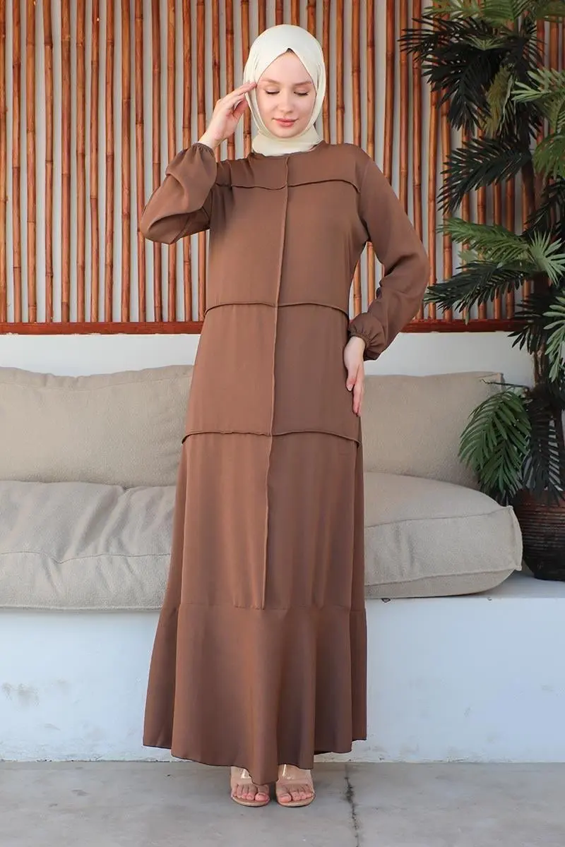 Dikiş Detaylı Model Elbise Kahverengi-detail