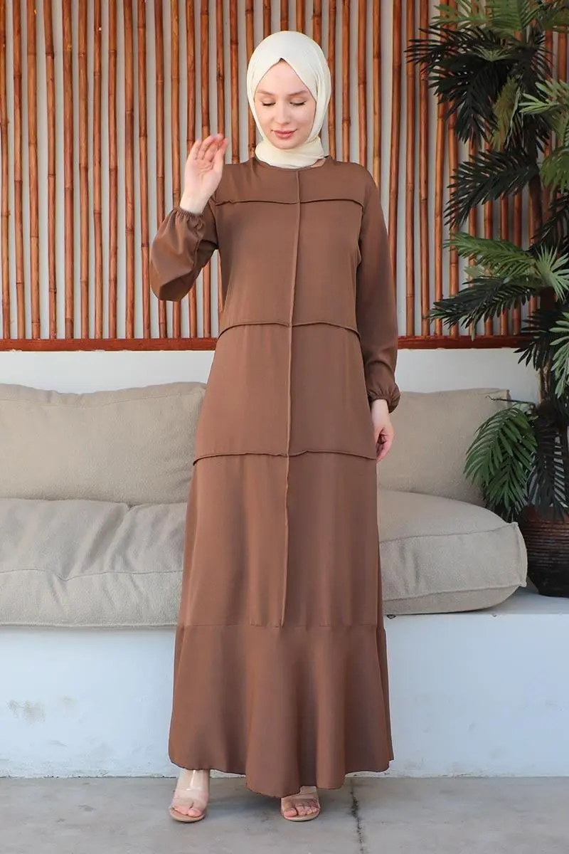 Dikiş Detaylı Model Elbise Kahverengi-detail