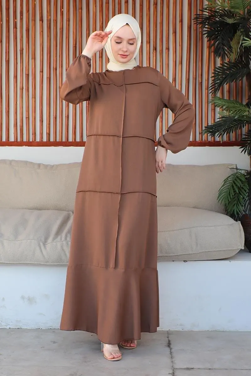 Dikiş Detaylı Model Elbise Kahverengi-detail