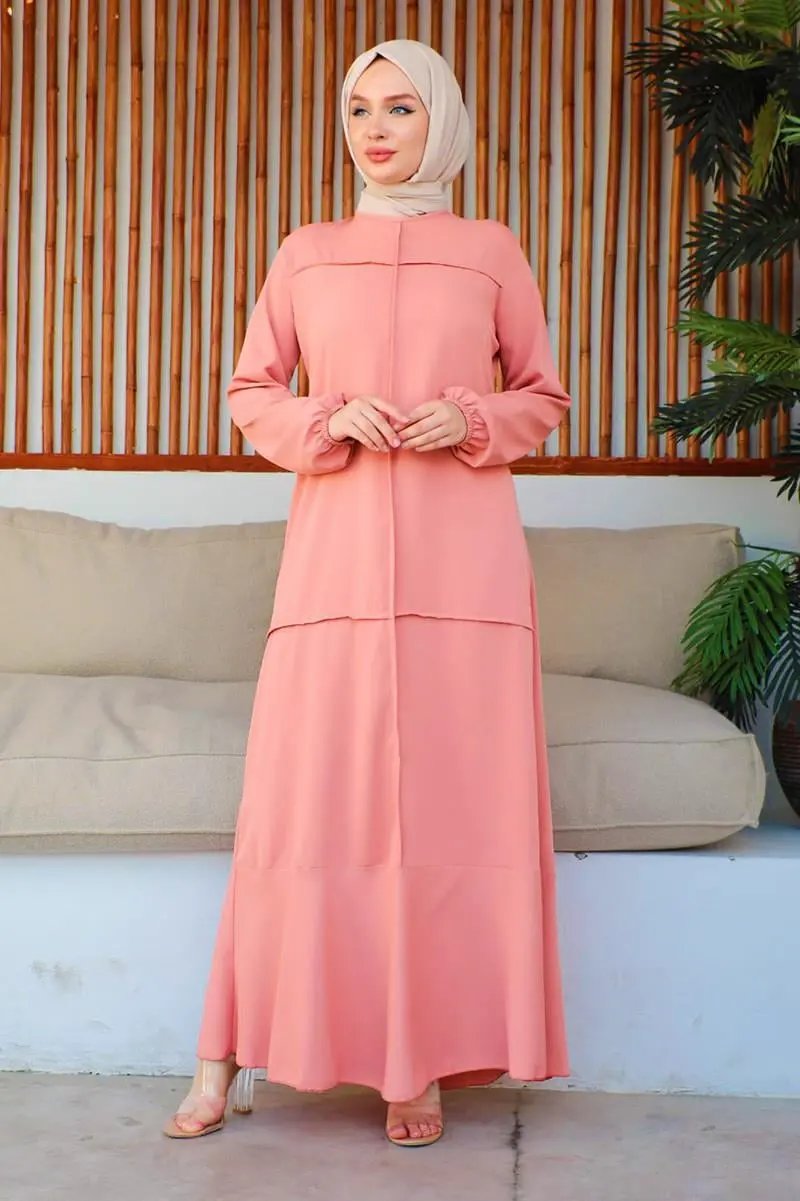 Dikiş Detaylı Model Elbise Pudra-detail