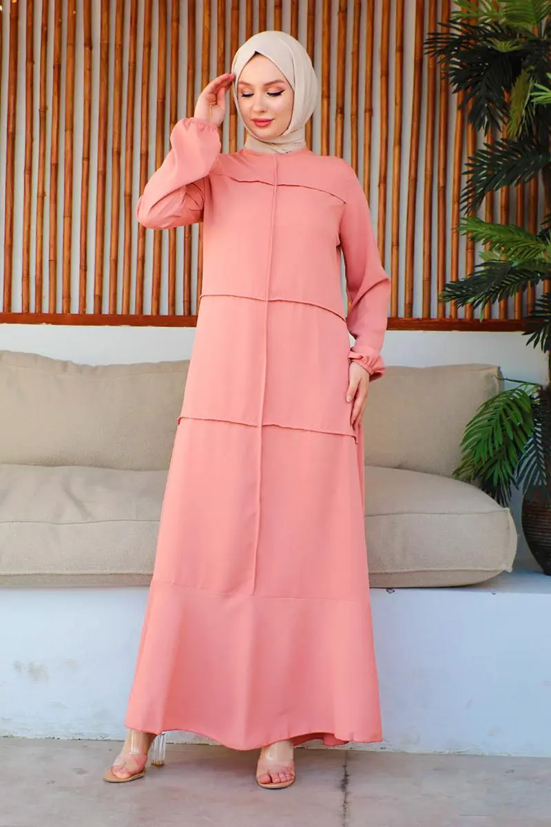 Dikiş Detaylı Model Elbise Pudra-detail