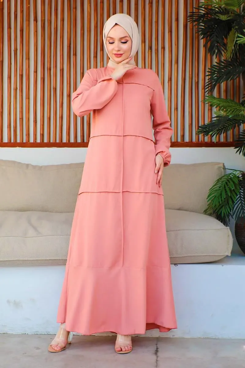 Dikiş Detaylı Model Elbise Pudra-detail