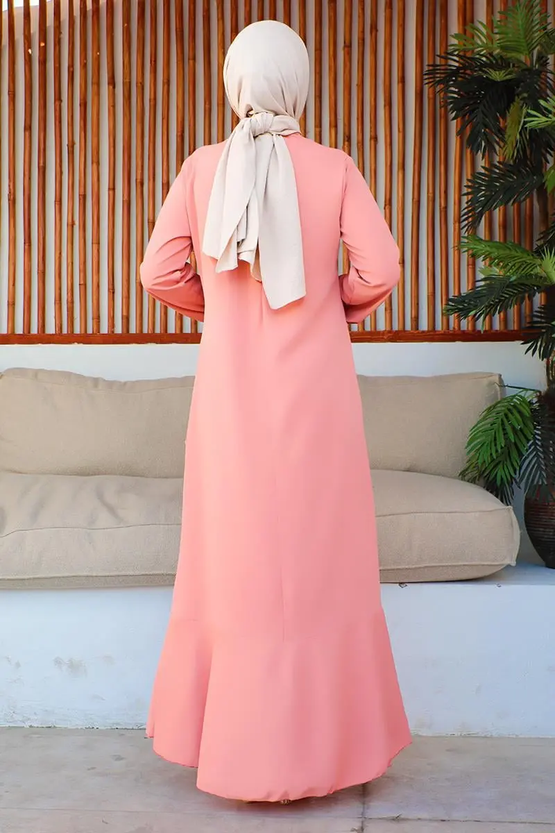 Dikiş Detaylı Model Elbise Pudra-detail