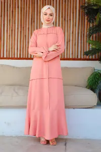 Dikiş Detaylı Model Elbise Pudra