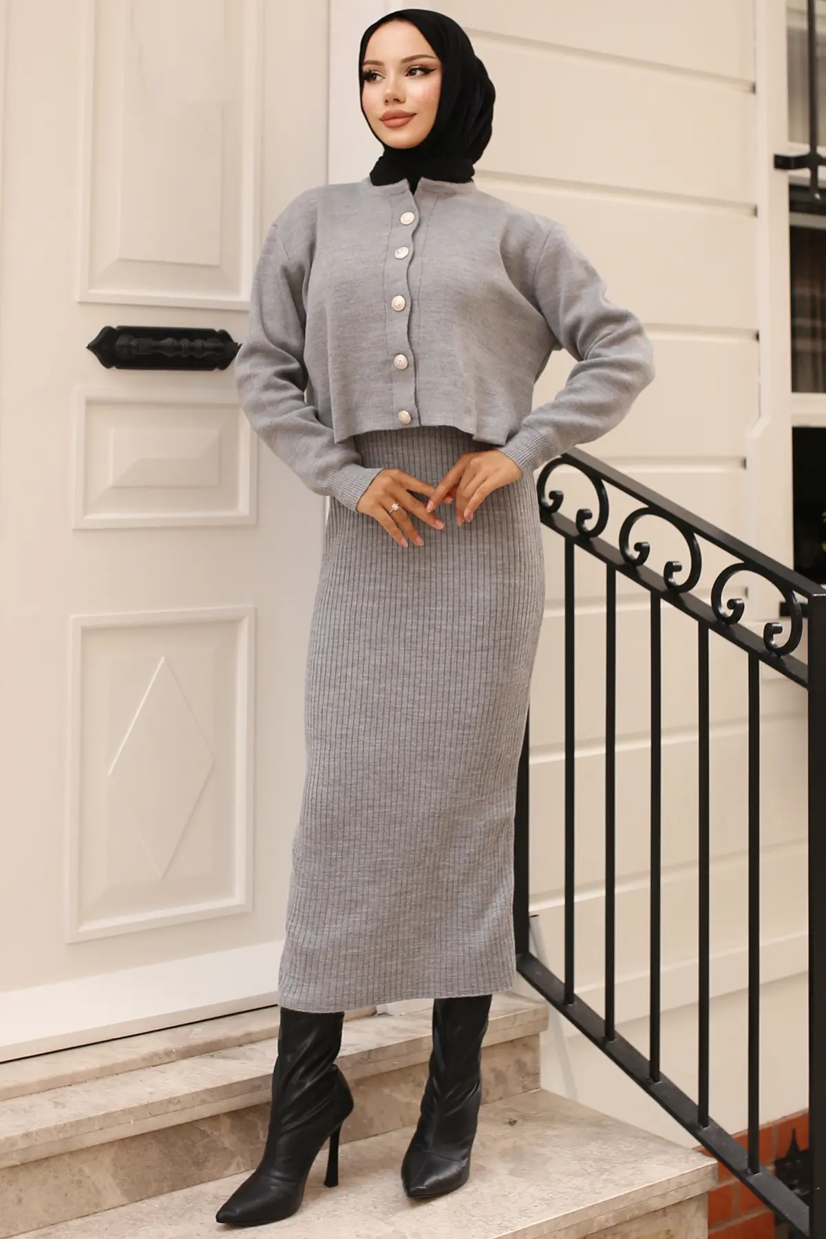 Düğme Detaylı Jile Triko Takım-detail