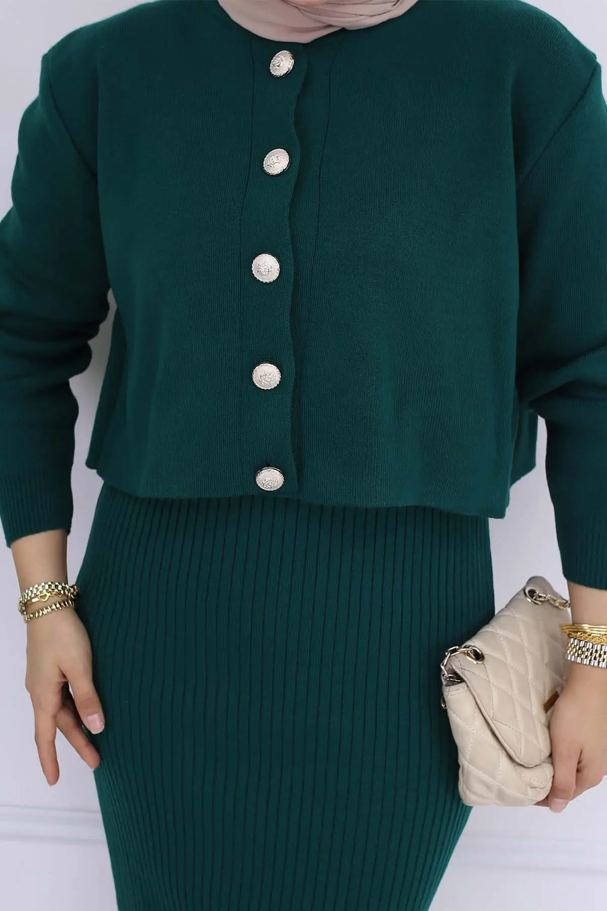 Düğme Detaylı Jile Triko Takım-detail