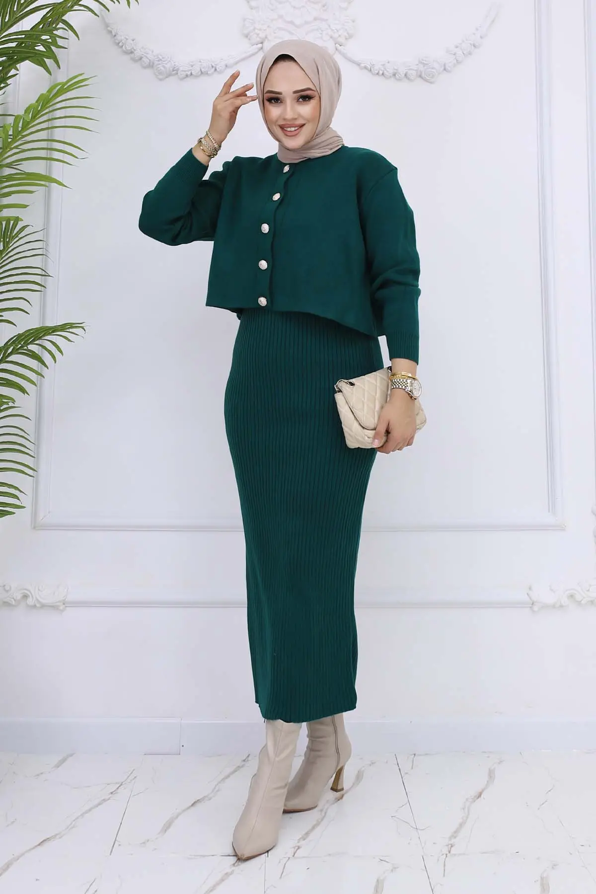 Düğme Detaylı Jile Triko Takım-detail