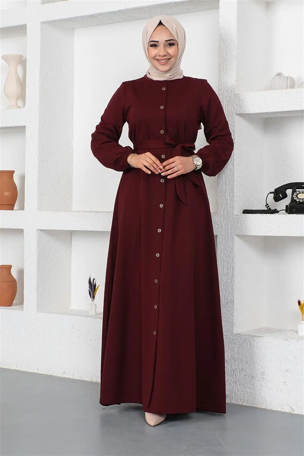 Düğme Detaylı Kemerli Elbise-detail