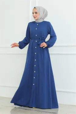 Düğme Detaylı Kemerli Elbise