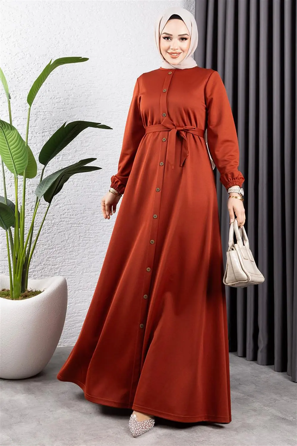 Düğme Detaylı Kemerli Elbise-detail