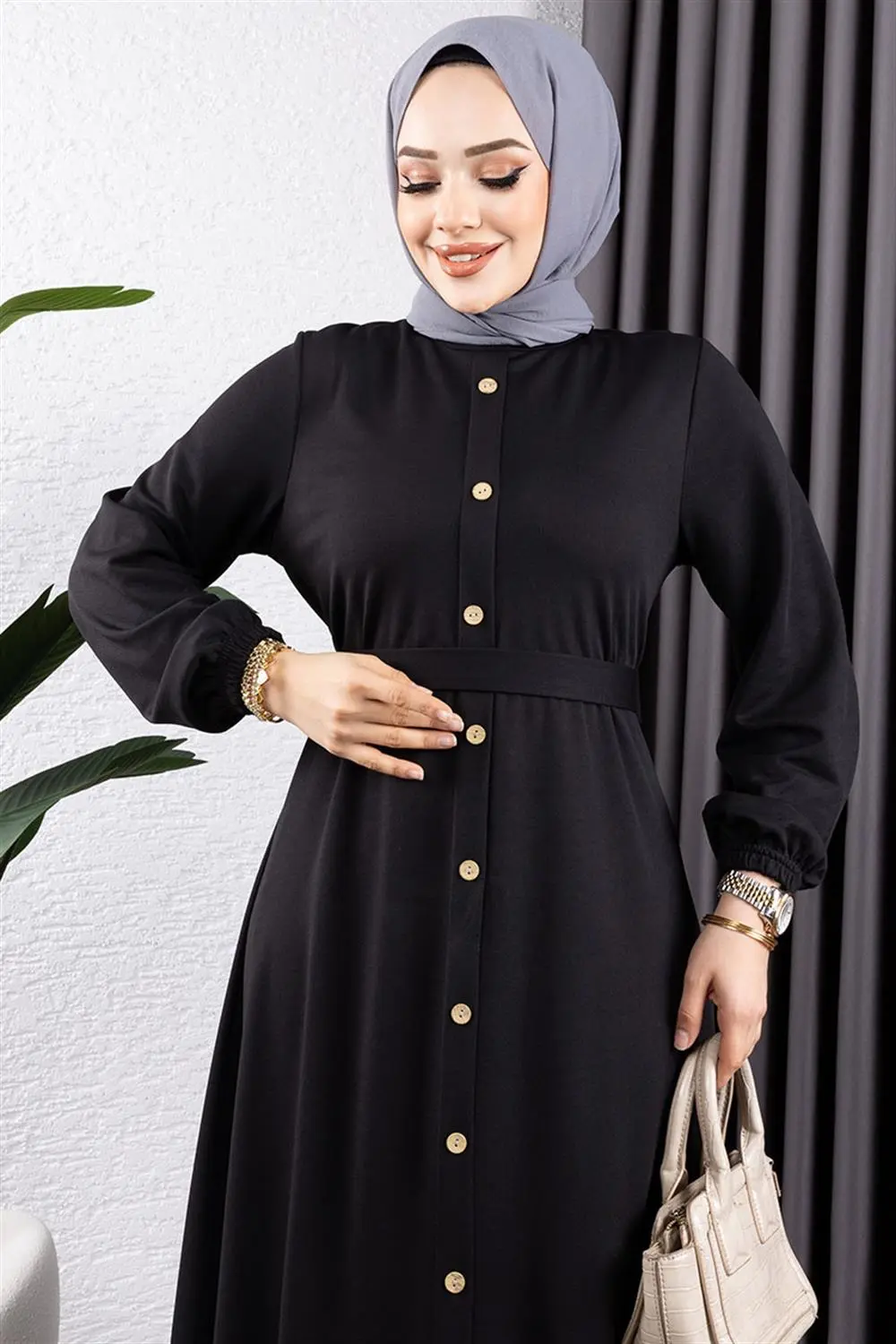 Düğme Detaylı Kemerli Elbise-detail