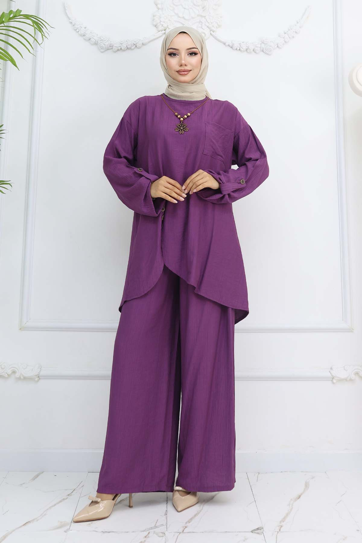 Düğme Detaylı Kolyeli İkili Takım Mor 4782