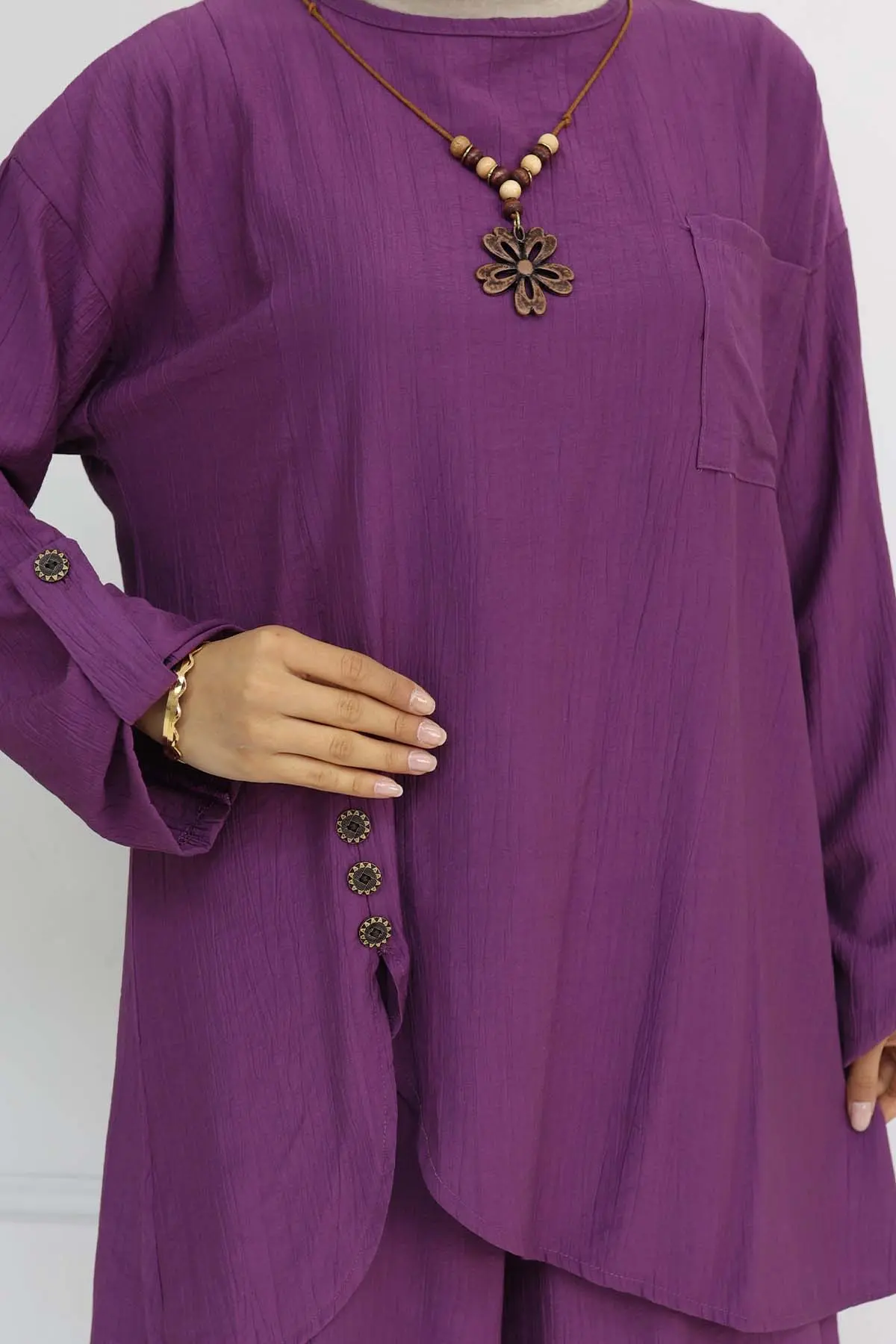 Düğme Detaylı Kolyeli İkili Takım Mor 4782-detail