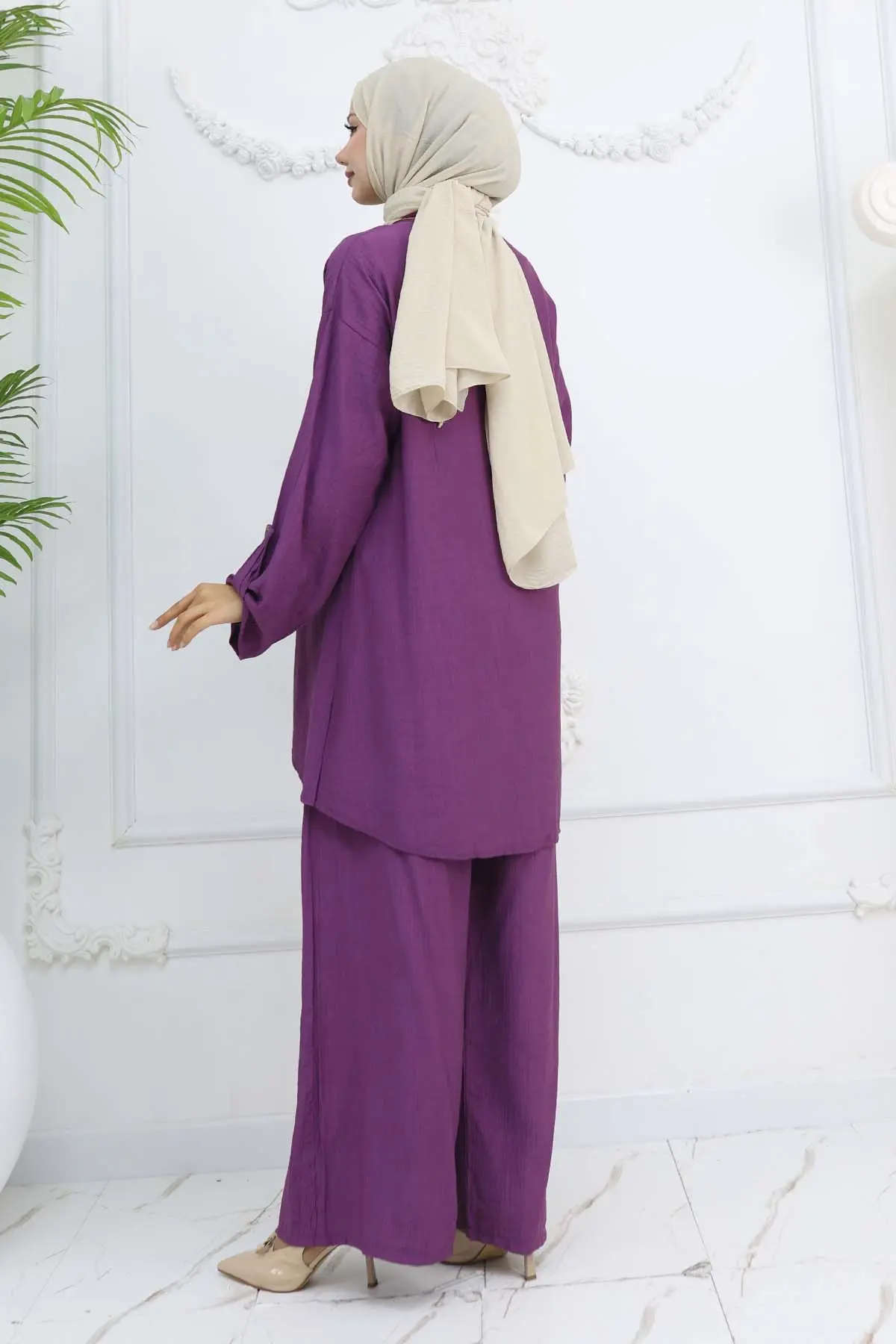 Düğme Detaylı Kolyeli İkili Takım Mor 4782-detail