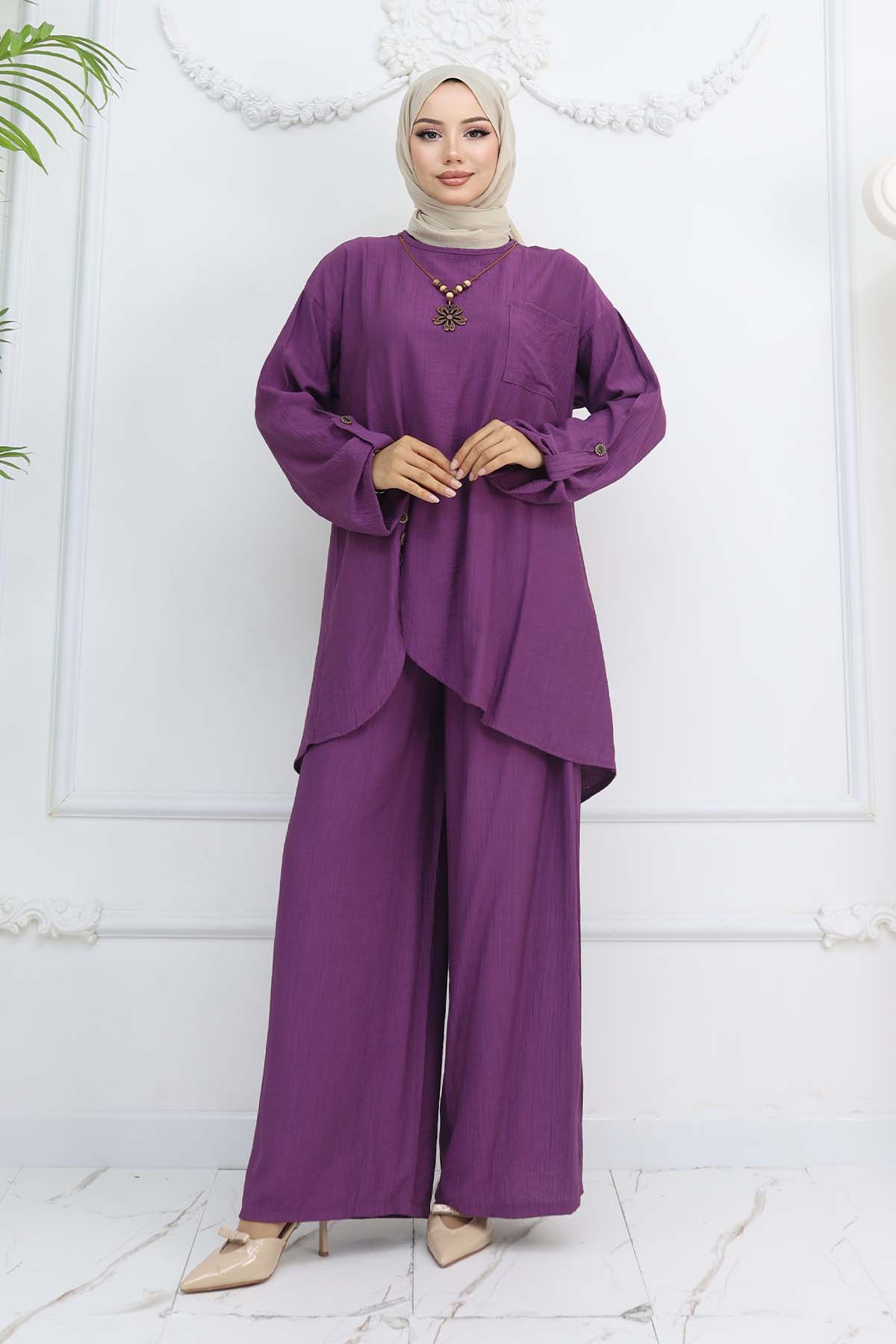 Düğme Detaylı Kolyeli İkili Takım Mor 4782