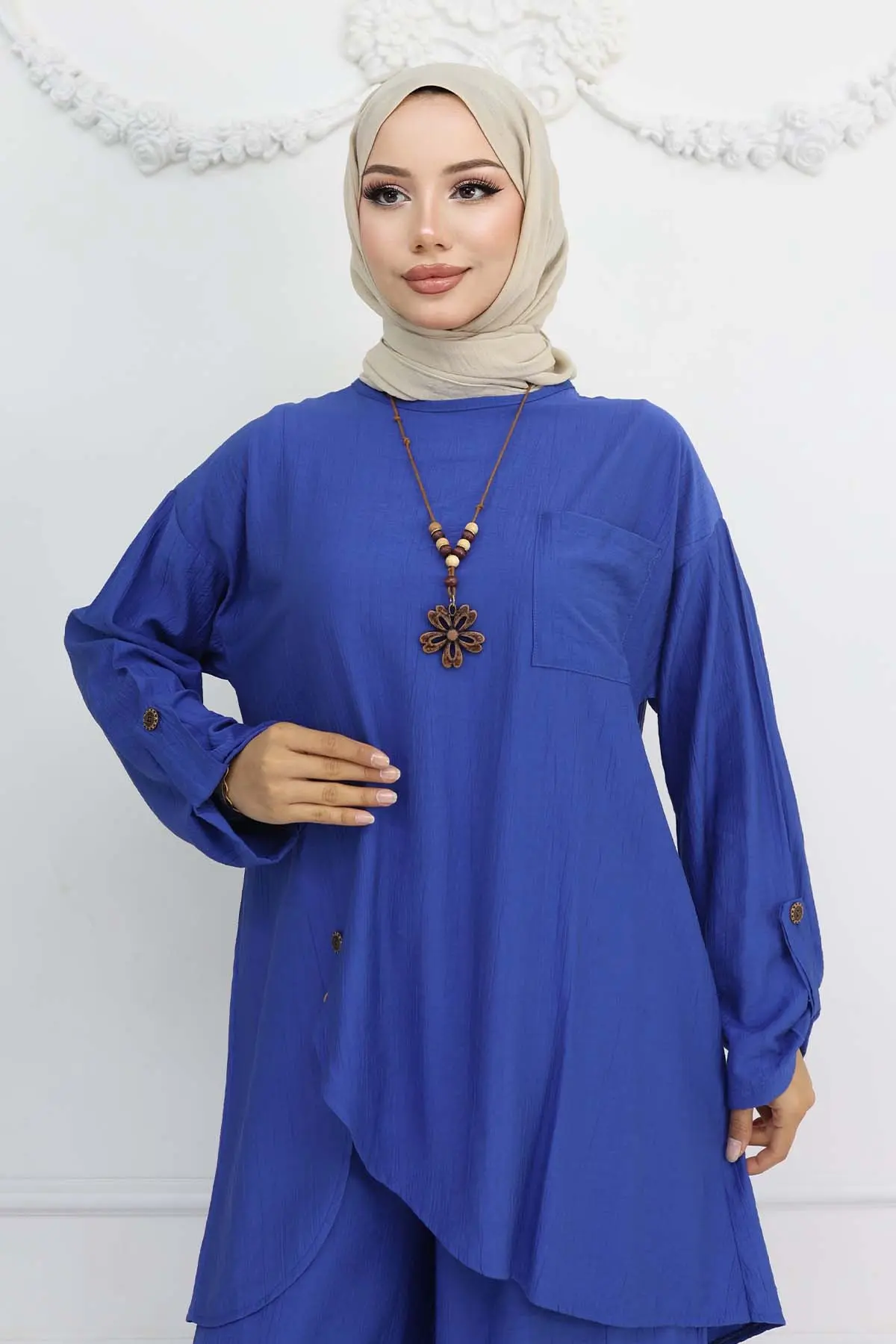 Düğme Detaylı Kolyeli İkili Takım Saks Mavisi 4782-detail