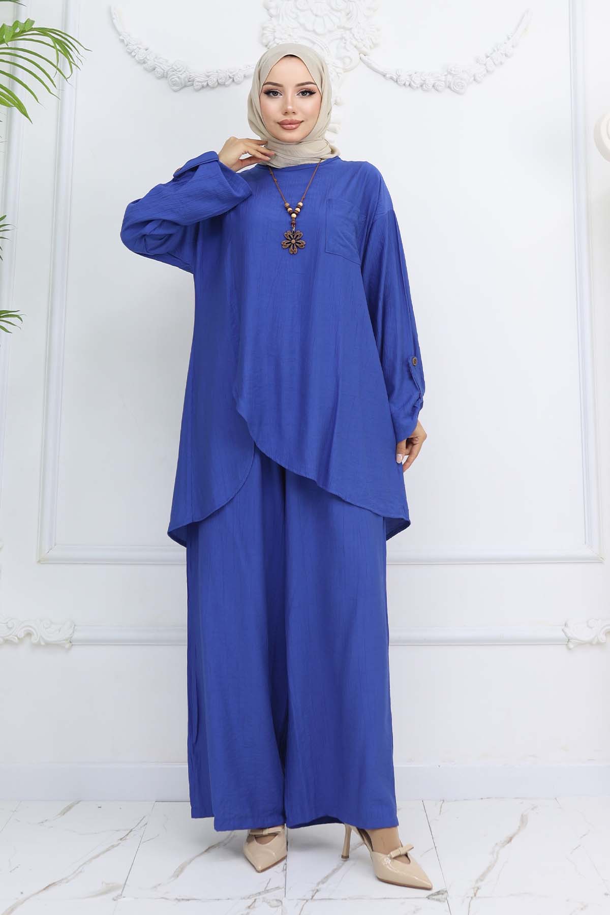 Düğme Detaylı Kolyeli İkili Takım Saks Mavisi 4782