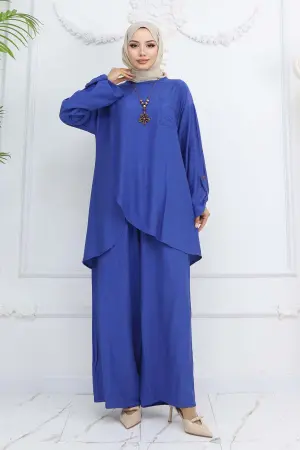 Düğme Detaylı Kolyeli İkili Takım Saks Mavisi 4782