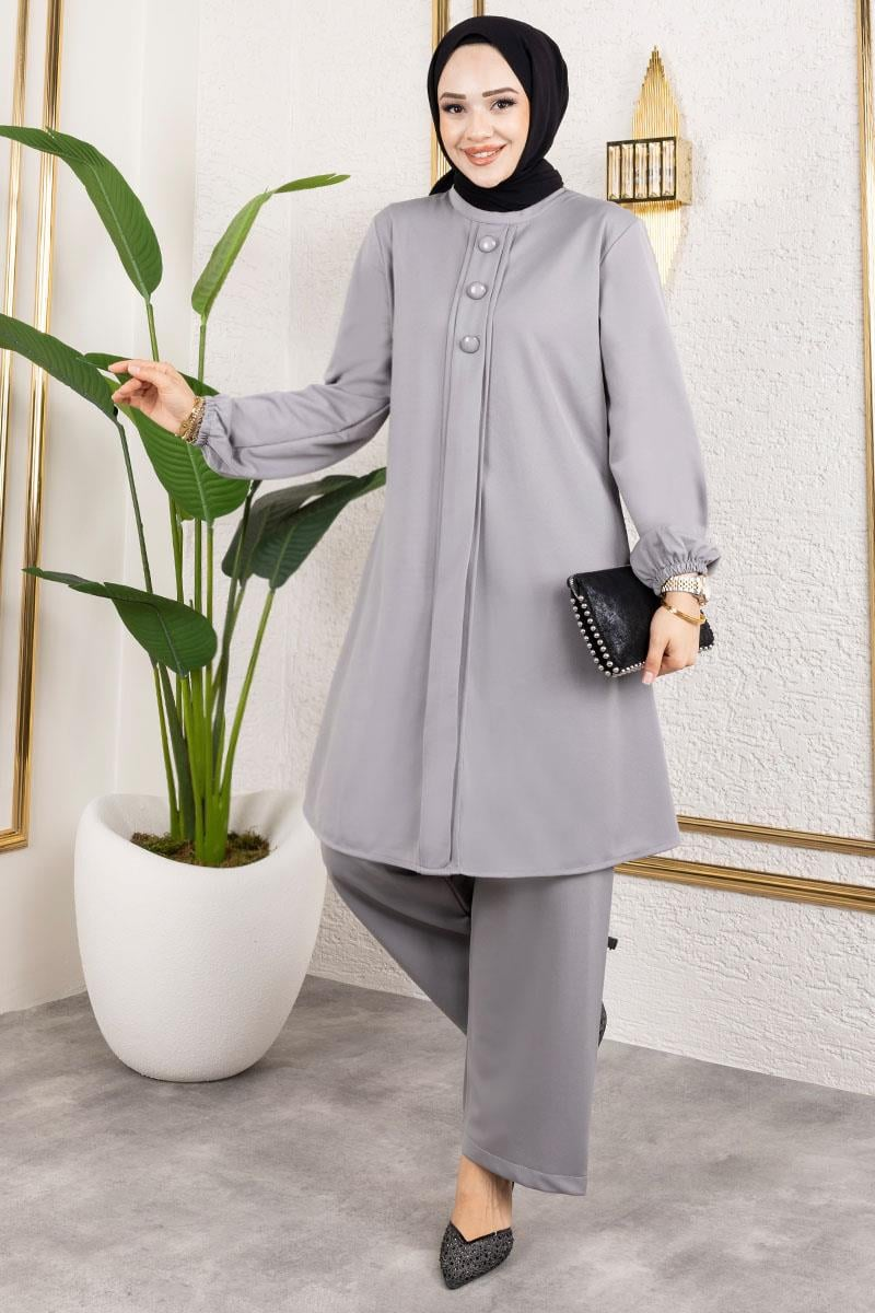 Düğme Detaylı Tesettür Takım Gri