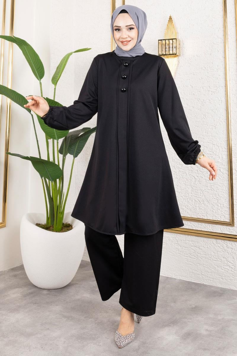 Düğme Detaylı Tesettür Takım Siyah