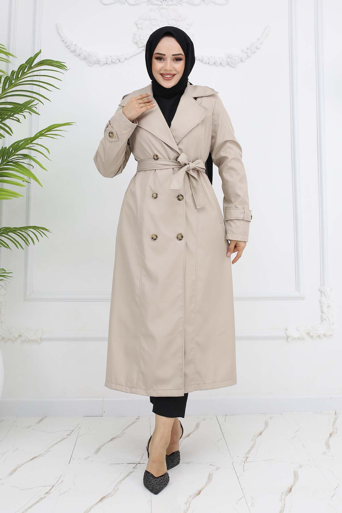 Button Detailed Trench Coat Stone Color