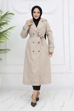 Button Detailed Trench Coat Stone Color