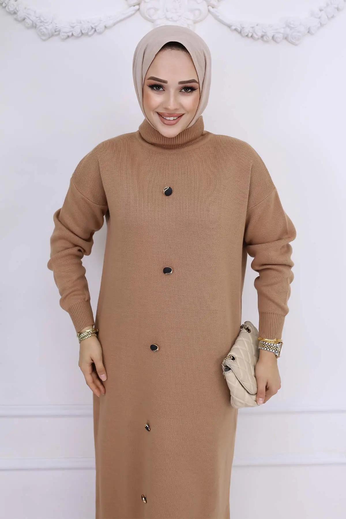 Button Detailed Knitwear Dress Mink-detail