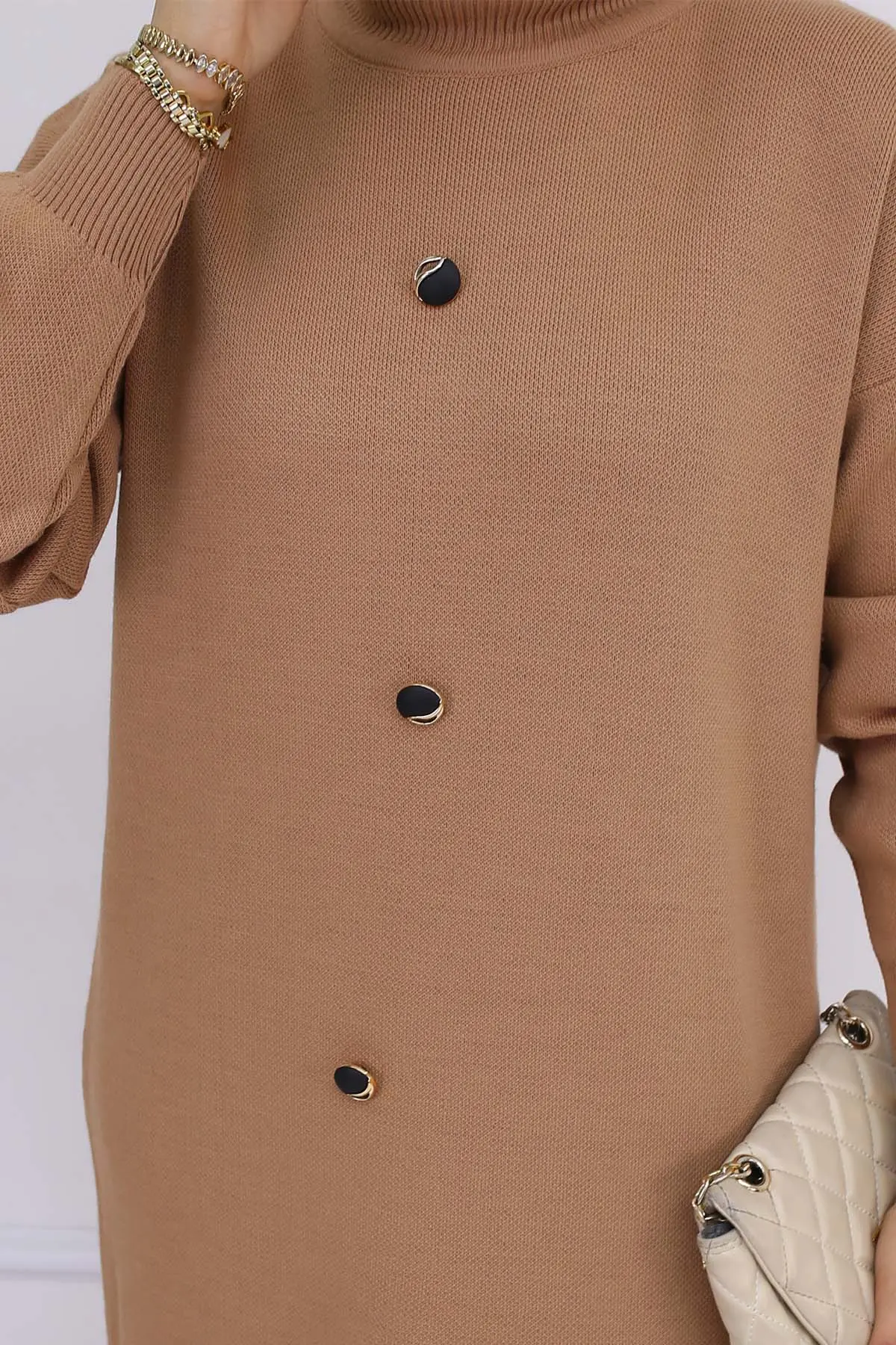 Button Detailed Knitwear Dress Mink-detail