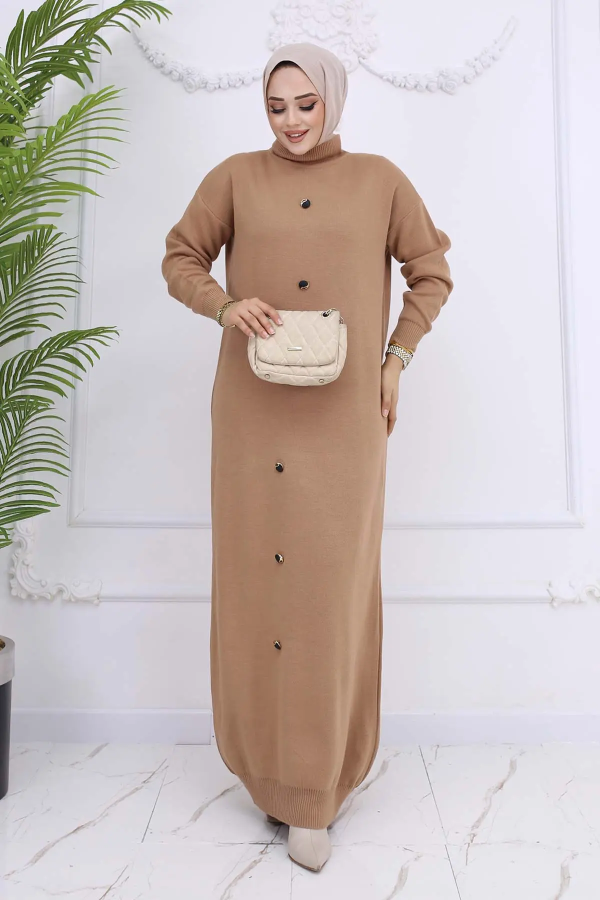 Button Detailed Knitwear Dress Mink-detail