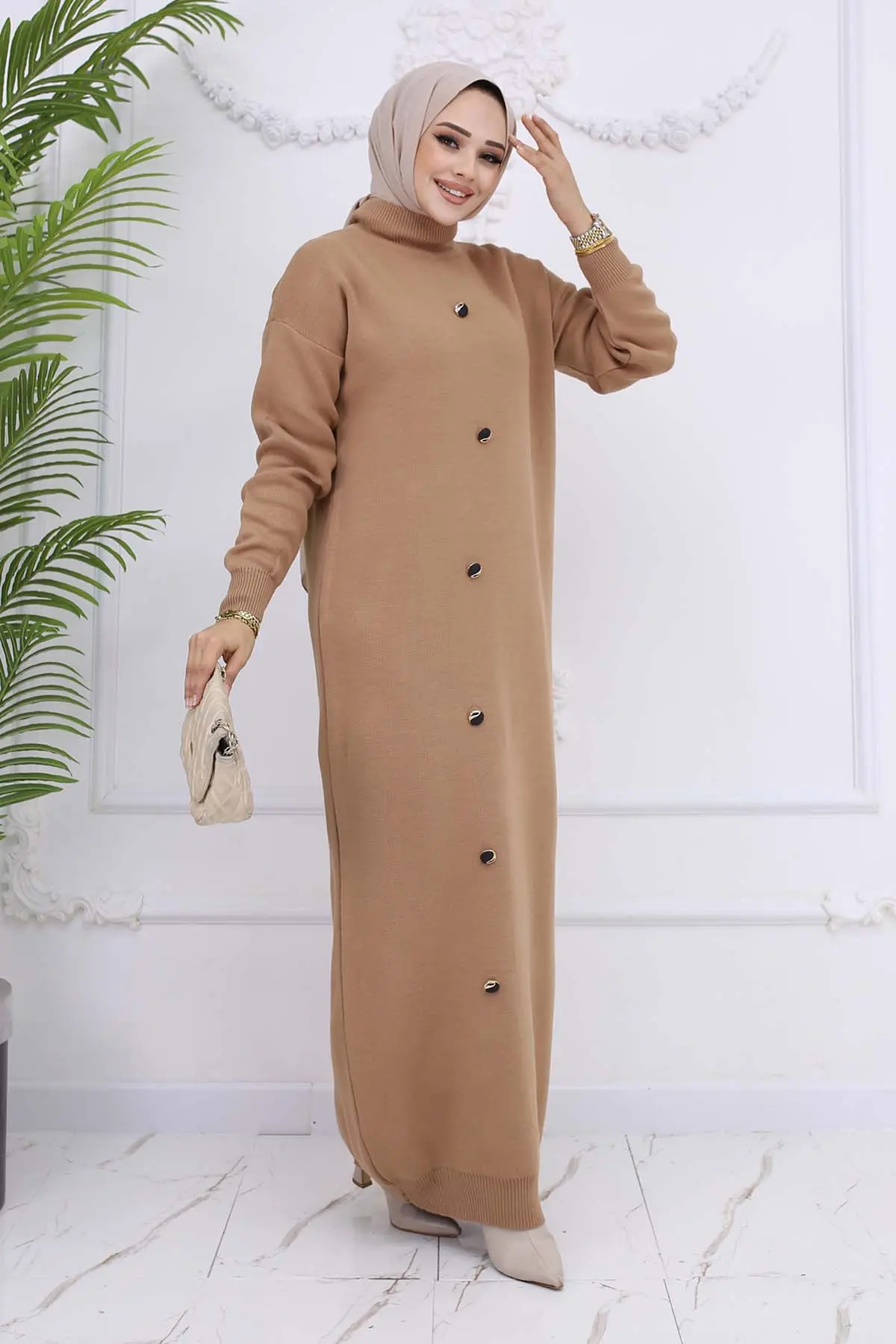 Button Detailed Knitwear Dress Mink-detail