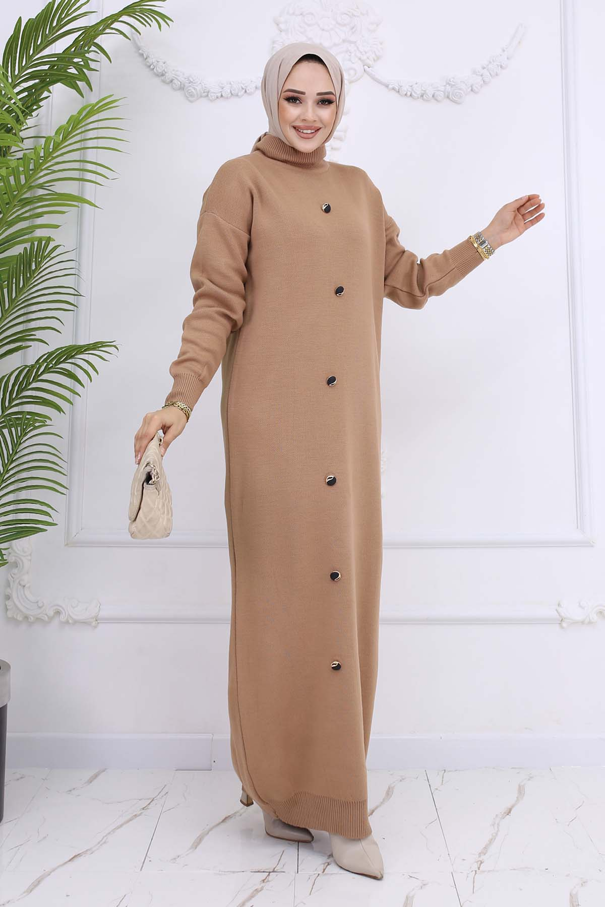 Button Detailed Knitwear Dress Mink