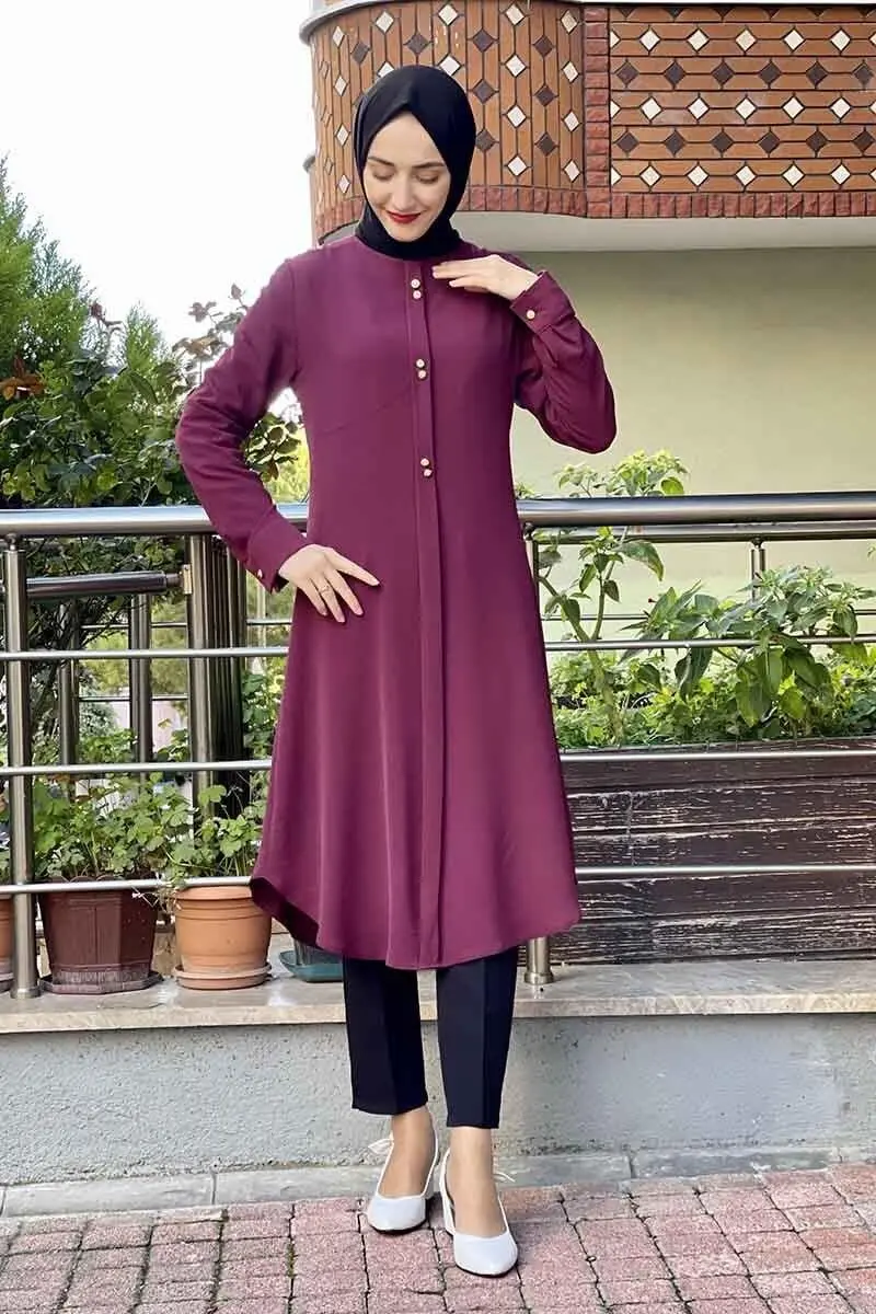 Düğme Detaylı Tunik Mürdüm-detail