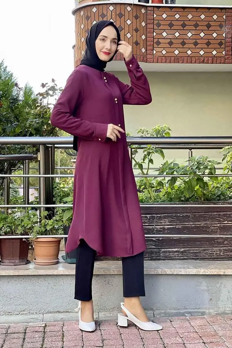 Düğme Detaylı Tunik Mürdüm-detail