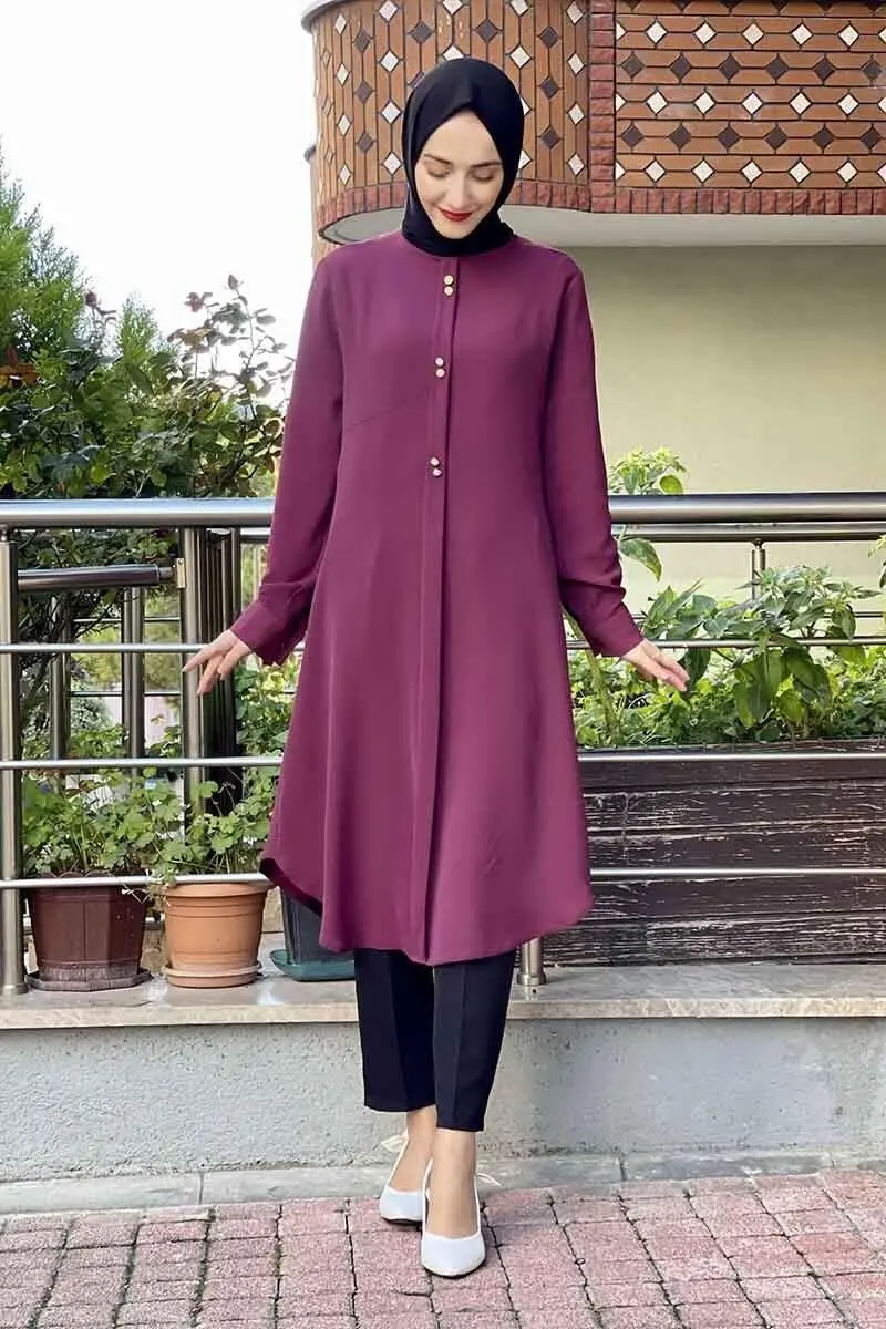 Düğme Detaylı Tunik Mürdüm-detail