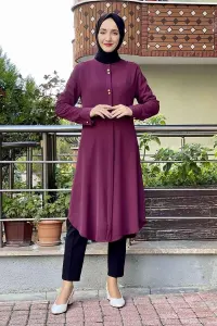Düğme Detaylı Tunik Mürdüm
