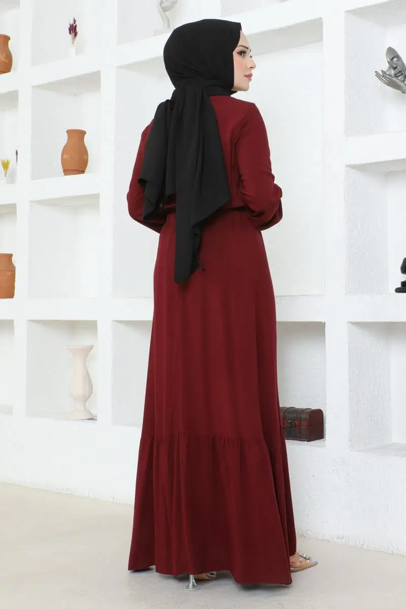 Düğme Detaylı Viskon Elbise Bordo-detail
