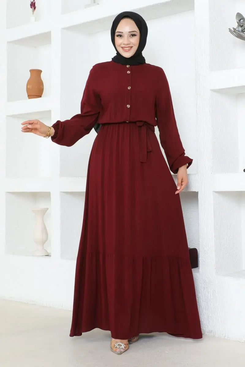 Düğme Detaylı Viskon Elbise Bordo-detail