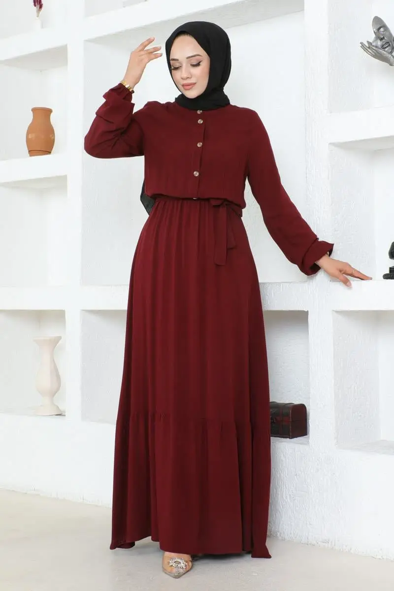 Düğme Detaylı Viskon Elbise Bordo-detail