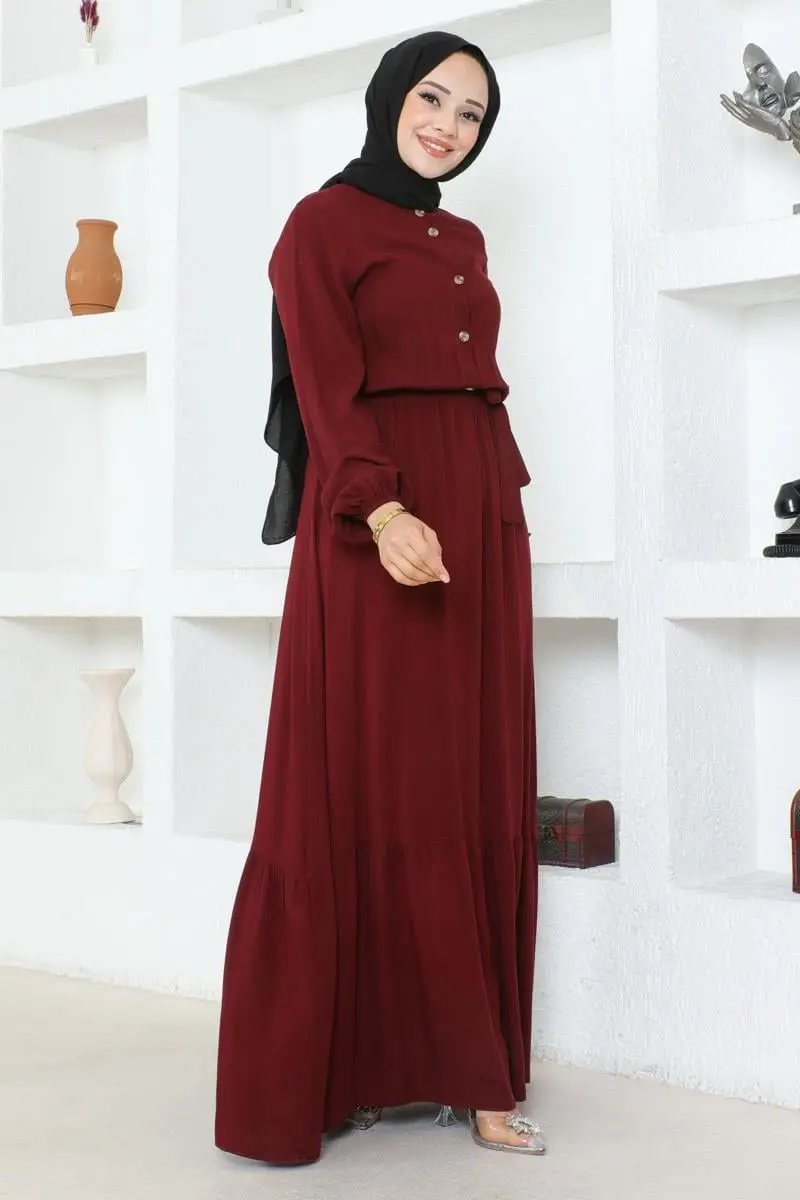 Düğme Detaylı Viskon Elbise Bordo-detail